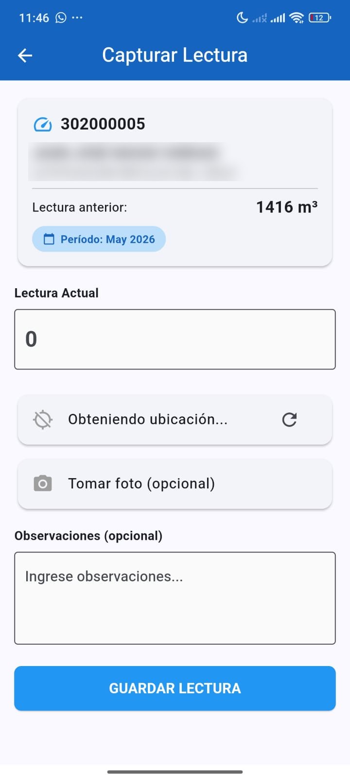 Aplicación móvil DV-AQUA capturando una lectura con ubicación GPS, foto y observaciones