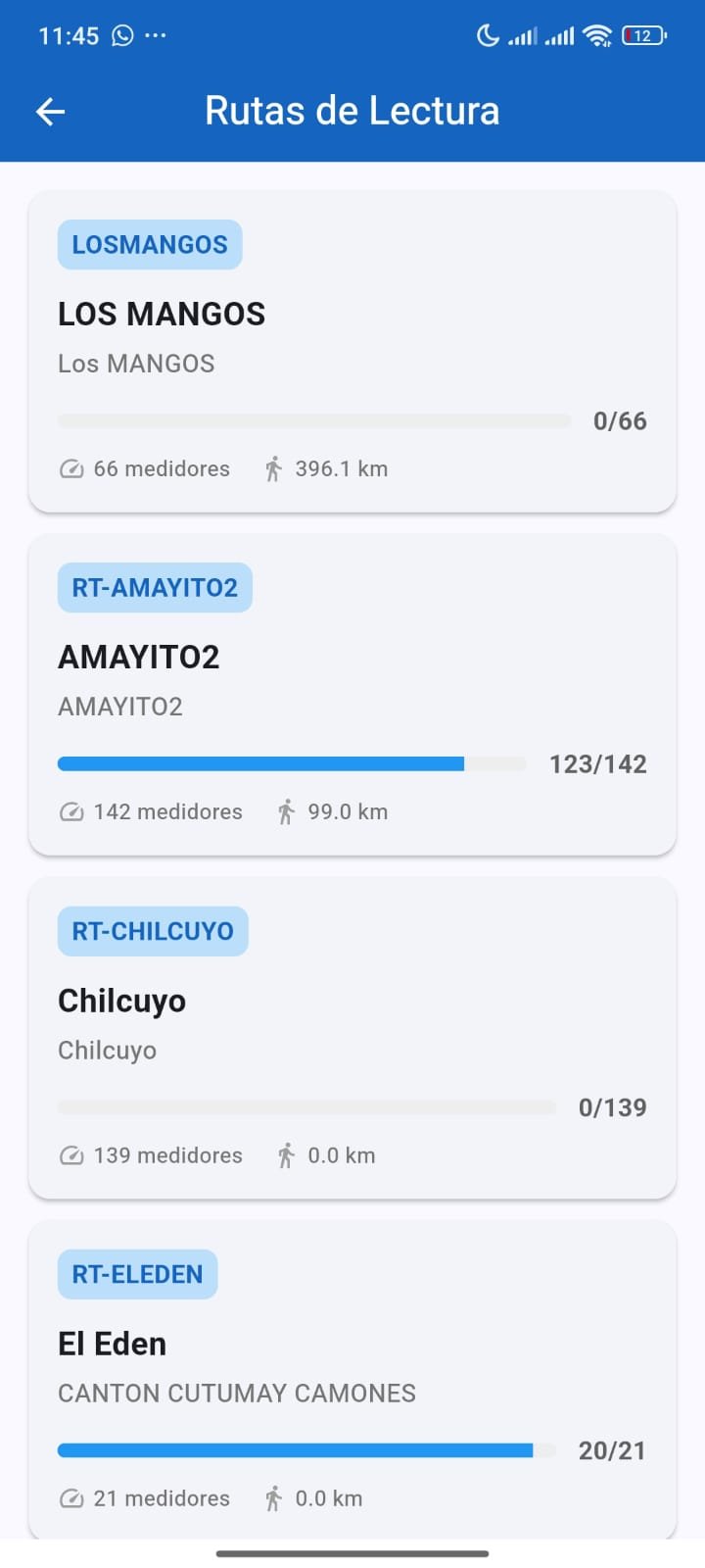 Aplicación móvil DV-AQUA mostrando las rutas de lectura con su avance y cantidad de medidores